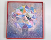Geometric Magic House, 12"x12", red framed paper collage on wood, FREE SHIPPING