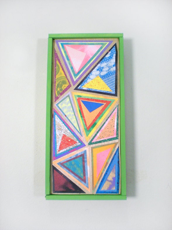 Dancing Triangles, 4"x8.5", framed, wood and paper collage