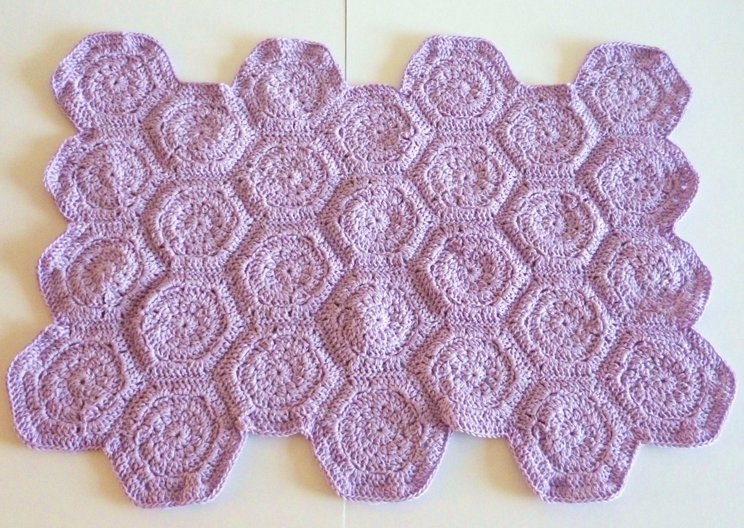 Crochet rug hexagons in lilac lavender cotton eco friendly