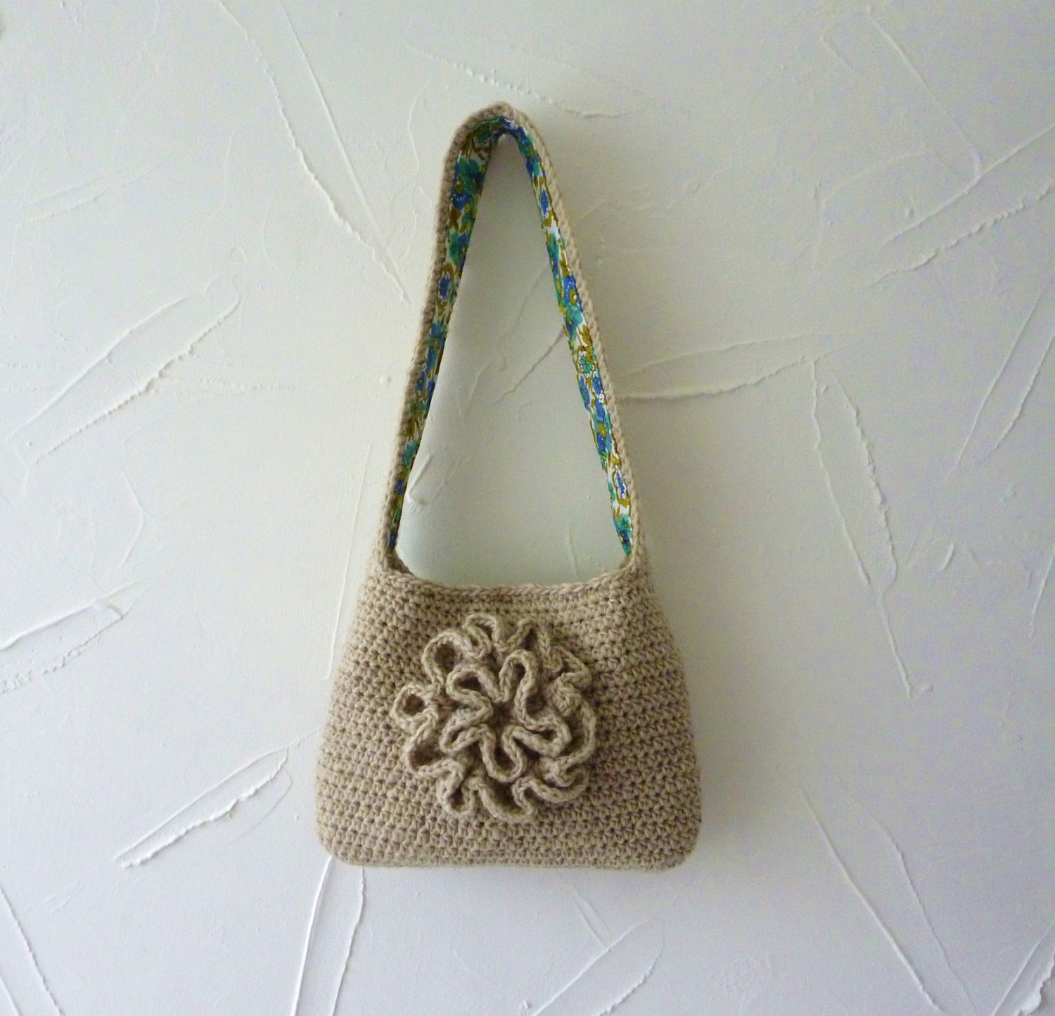 Crochet bag with large ruffled flower - nutty brown virgin wool - eco friendly