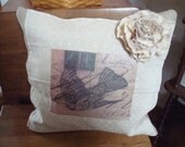 Hand Made Burlap Pillow With A Vintage  Ecru Napkin With Paris Postcard And Bird-Tattered Shabby Fabric Rose.