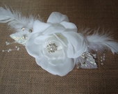 White Velvet Rose And Feather Clip And Brooch-Fascinator-Diamonds-Pearls-Wedding-Prom-Parties-Feathers.
