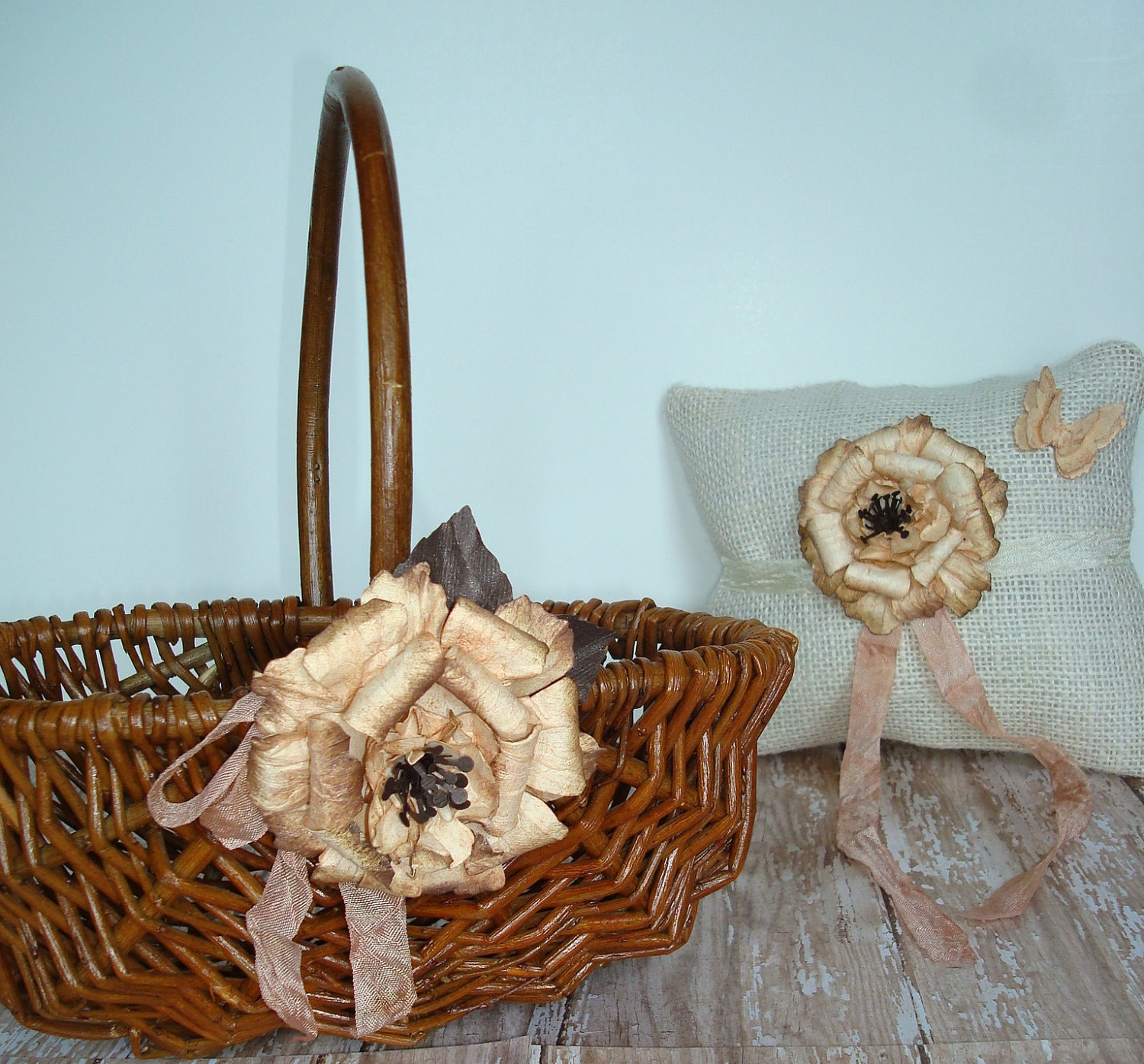 Wedding Flower Girl Basket And Ring Pillow Set-Peaches And Cream-Rustic-Fall-Country-Barn-Outdoor-Woodland Wedding
