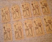 Gift Tags-Set of 10-Paris-Eiffel Tower-Skeleton Key-Crown-Flying Bird-Pink Shading.