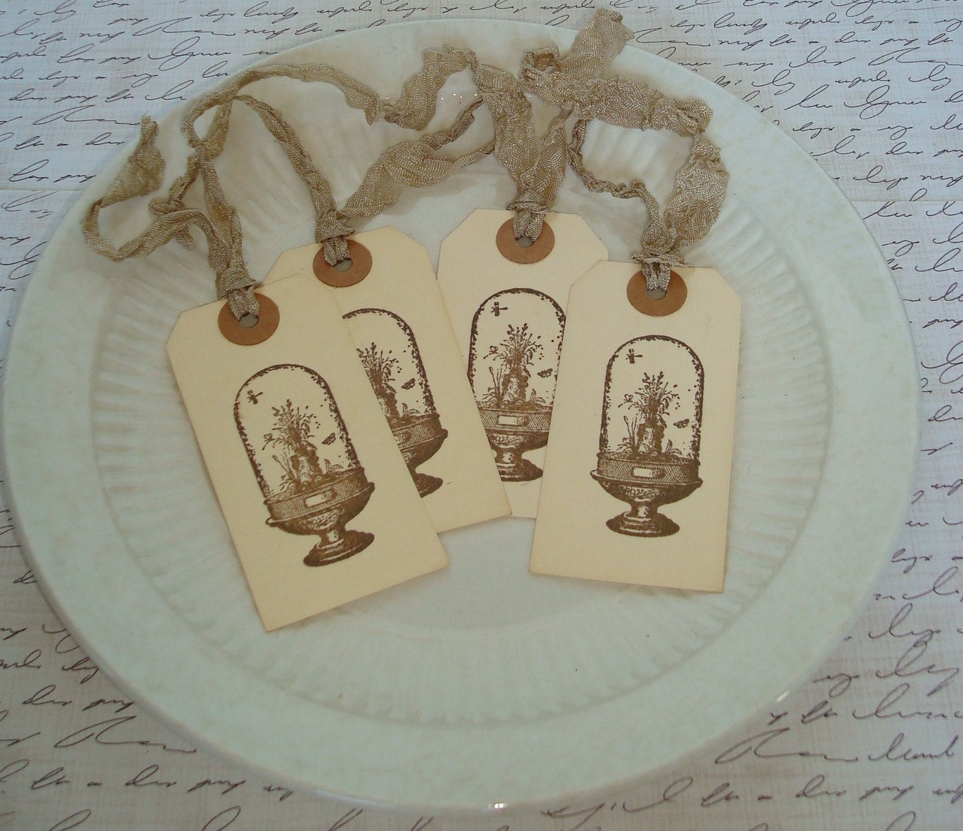 Gift Tags-Vintage-Botanical-Botanicals Under Cloche Image-Sepia-Taupe Seam Binding-Set of 4.