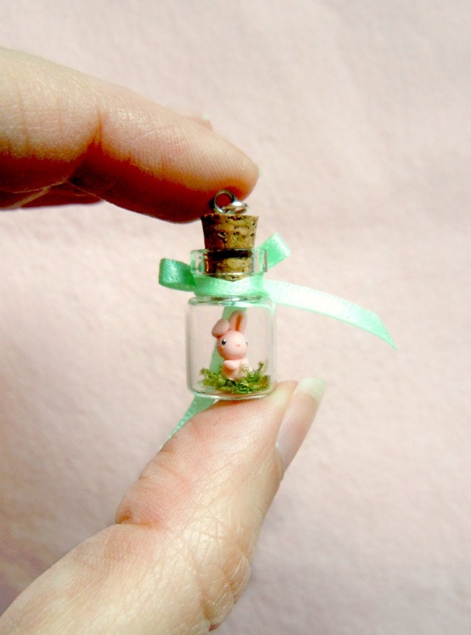 Tiny pink bunny in a bottle - miniature terrerium pendant