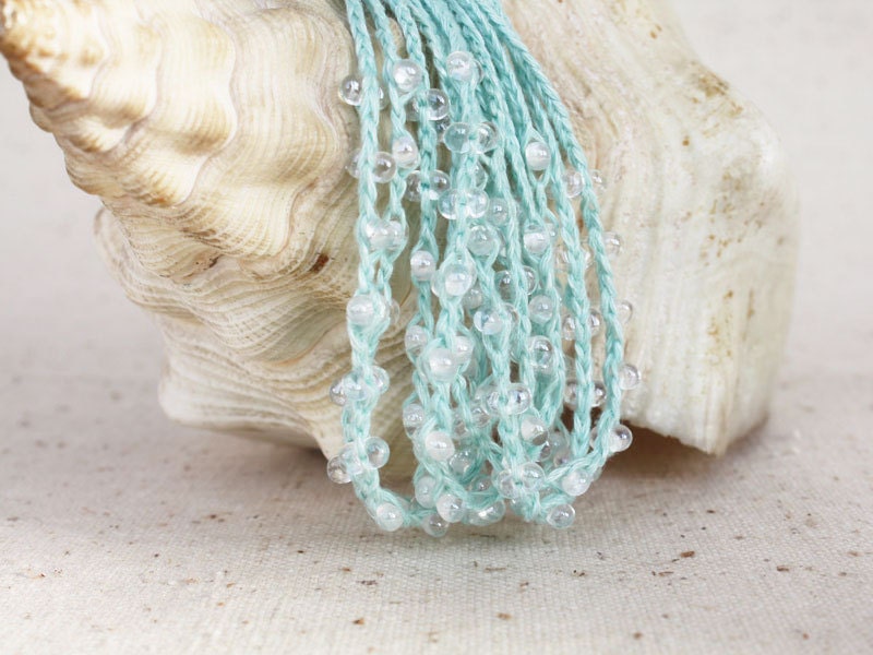 Mint blue linen necklace crocheted with transparent glass beads Limited edition Beach jewelry Sea shell Aqua Made to order Free Shipping oht - boorashka