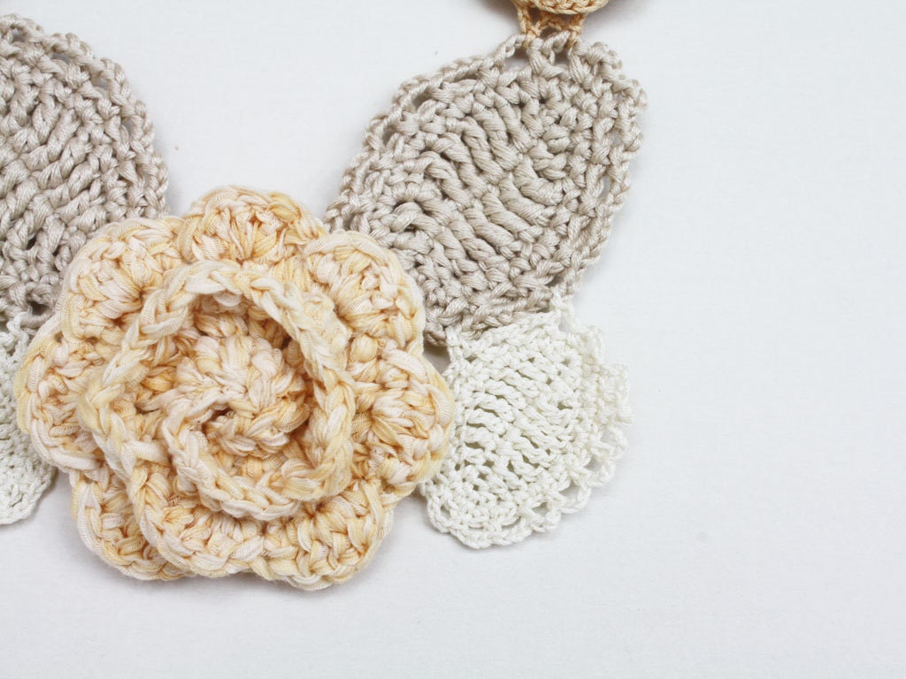 Statement necklace under 50 Bib necklace Boho chic jewelry Pale yellow beige ivory Wedding Crochet freeform Flower Floral Sale