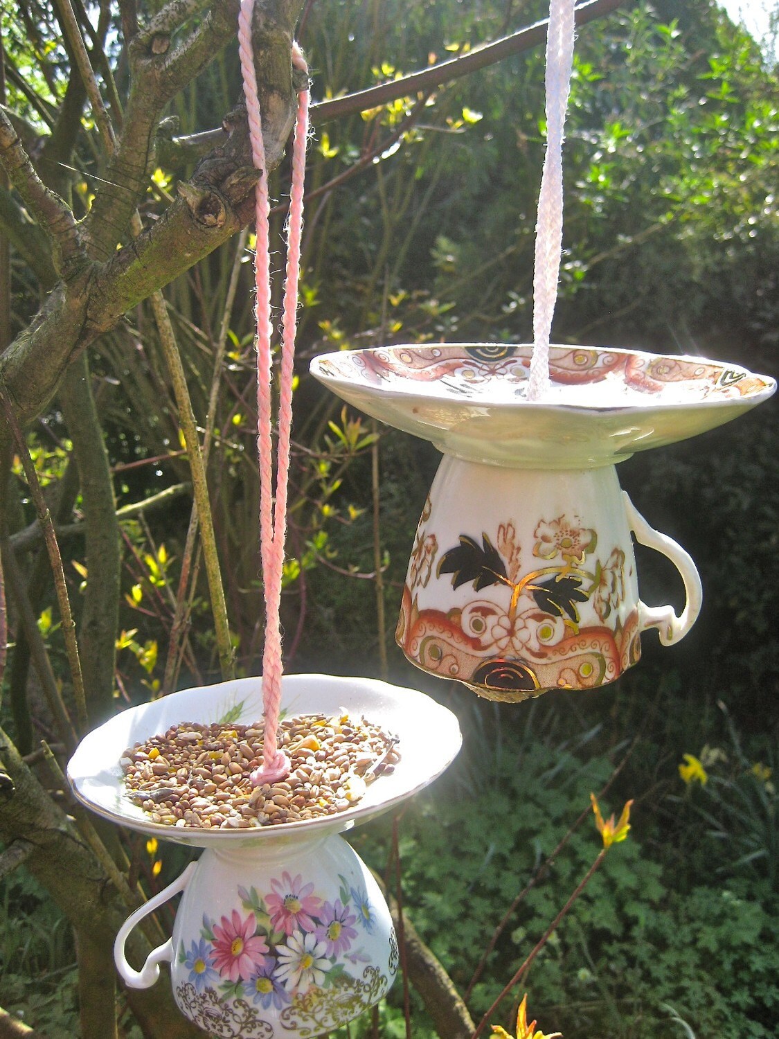 Teacup bird feeder hanging china bird feeder yard art bird lover's gift