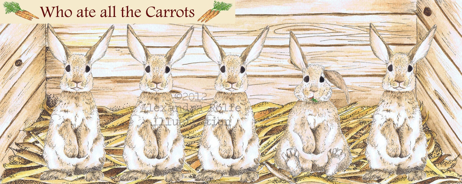 Rabbits / bunnies in a hutch eating carrots, odd one out, Spring illustration 8 x 11 wall art print