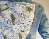 Handmade Vtg Womens Denim Jacket - womens clothing - womens vintage - vintage clothing - upcycled clothing - money - lace