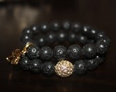 Black Lavastone Beaded Stretch Bracelets with Gold Elephant Charm and Gold Pave Rhinestones - Set of 2