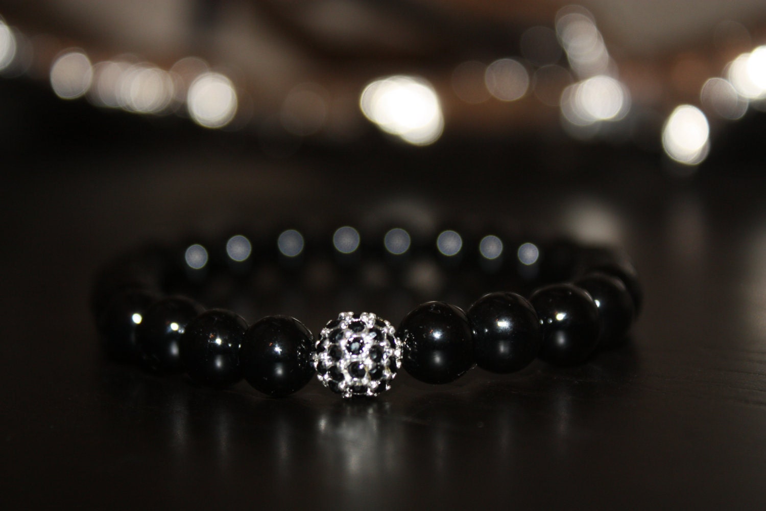 Men's Beaded Bracelet with Black Onyx Semi Precious Gemstones and Silver and Black Pave Rhinestone Bead