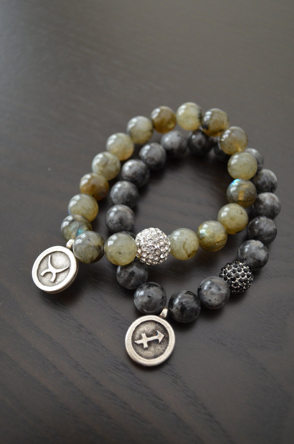 Blue or Silver Labradorite Semi Precious Gemstone Beaded Bracelets with Silver or Black Onyx Pave Rhinestones and Zodiac Symbol Charm