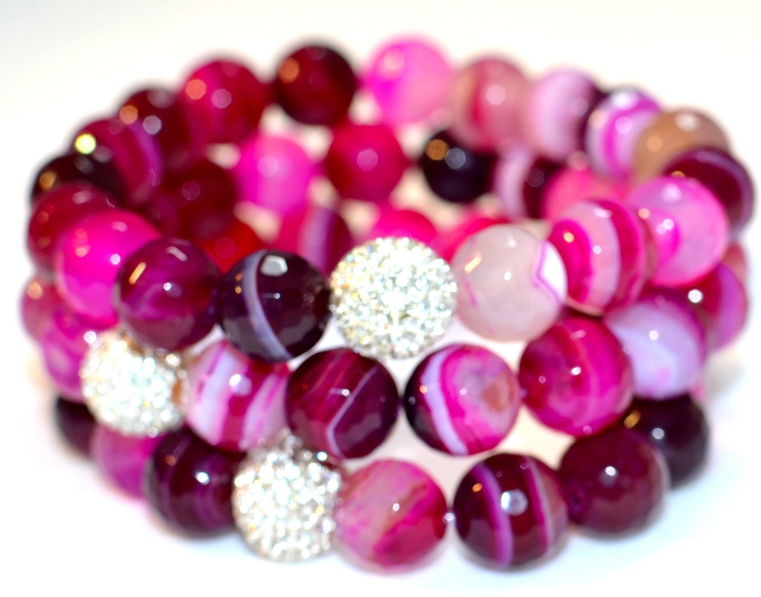 Faceted Fuchsia Agate Semi Precious Gemstone Beaded Bracelet with Silver Pave Rhinestones