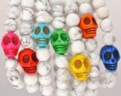 Candy Coated Skulls - White Howlite Semi Precious Gemstone Beaded Bracelets with Silver Stardust Beads and Candy Colored Gemstone Skulls