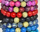 Semi Precious Gemstone Beaded Stretch Bracelet with Gold Pave Rhinestones