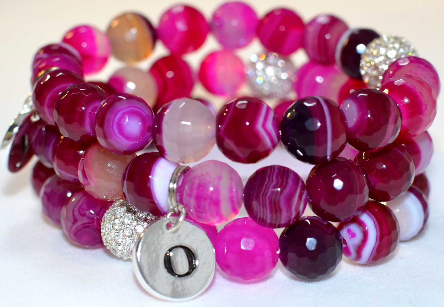 Faceted Fuchsia Agate Semi Precious Gemstone Beaded Bracelet with Silver Pave Rhinestones and Silver Initial Charm
