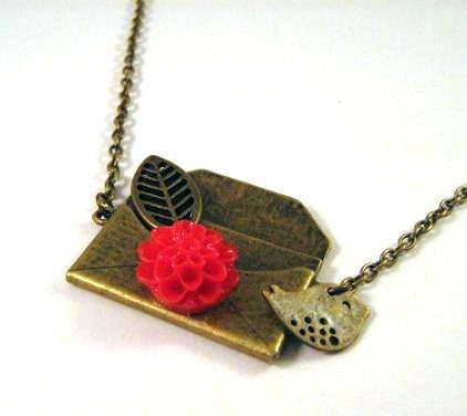 Envelope necklace red flower jewelry bird charm, Red chrysanthemum mum resin flower