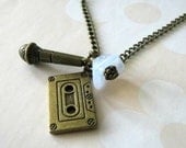 Retro style cassette tape necklace music microphone jewelry white flower vintage style antiqued bronze
