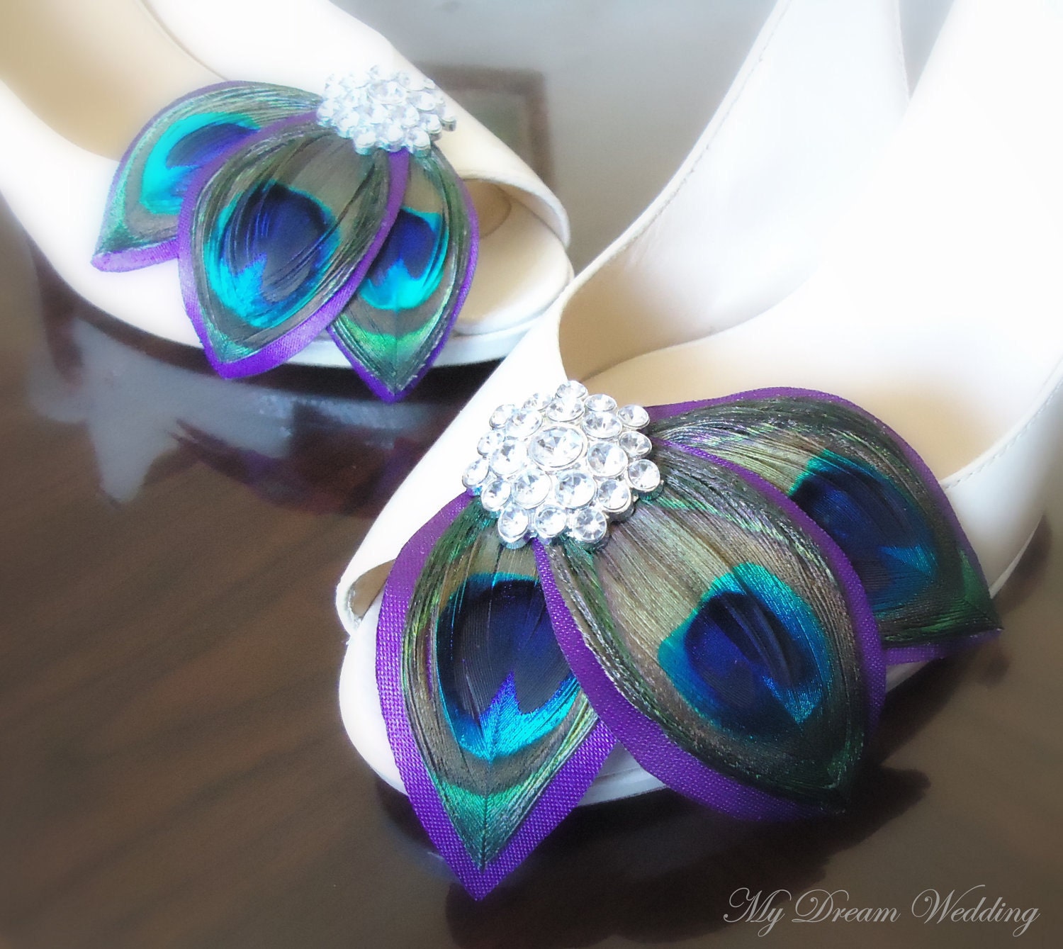Purple Peacock Shoe Clips. Leaves Shoe Clips. Feathers, Wired petals, Bride, Bridal, Wedding-   LISSA MARIE COLLECTION-