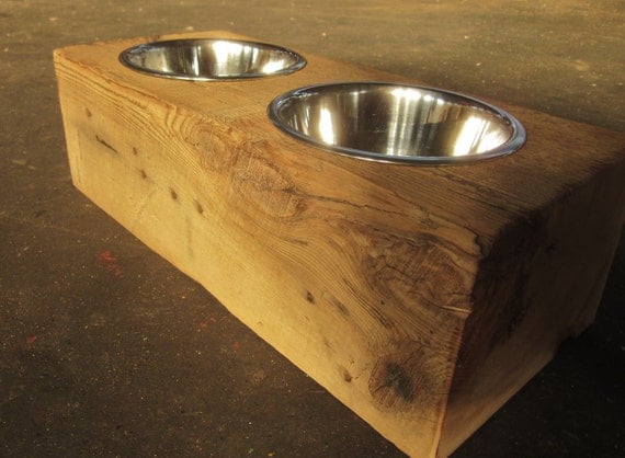 Wood Dog Dish Holder reclaimed hemlock barn beam Reserved for Erin