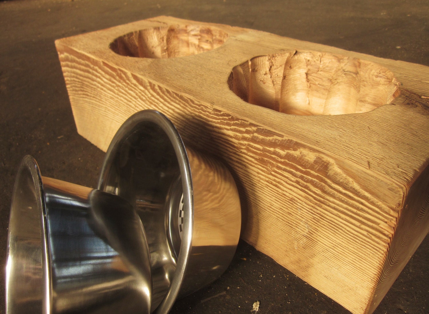 Wood Dog Dish Holder reclaimed hemlock barn beam Reserved for Erin