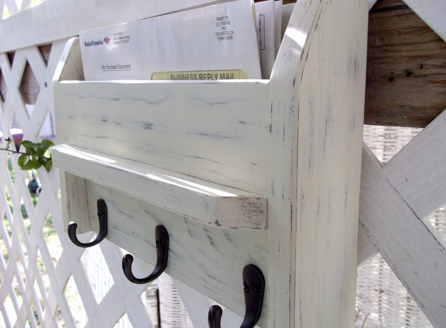 Three Hook Key and Mail Holder.."Antique White" or You Choose Color..Shabby Chic Cottage