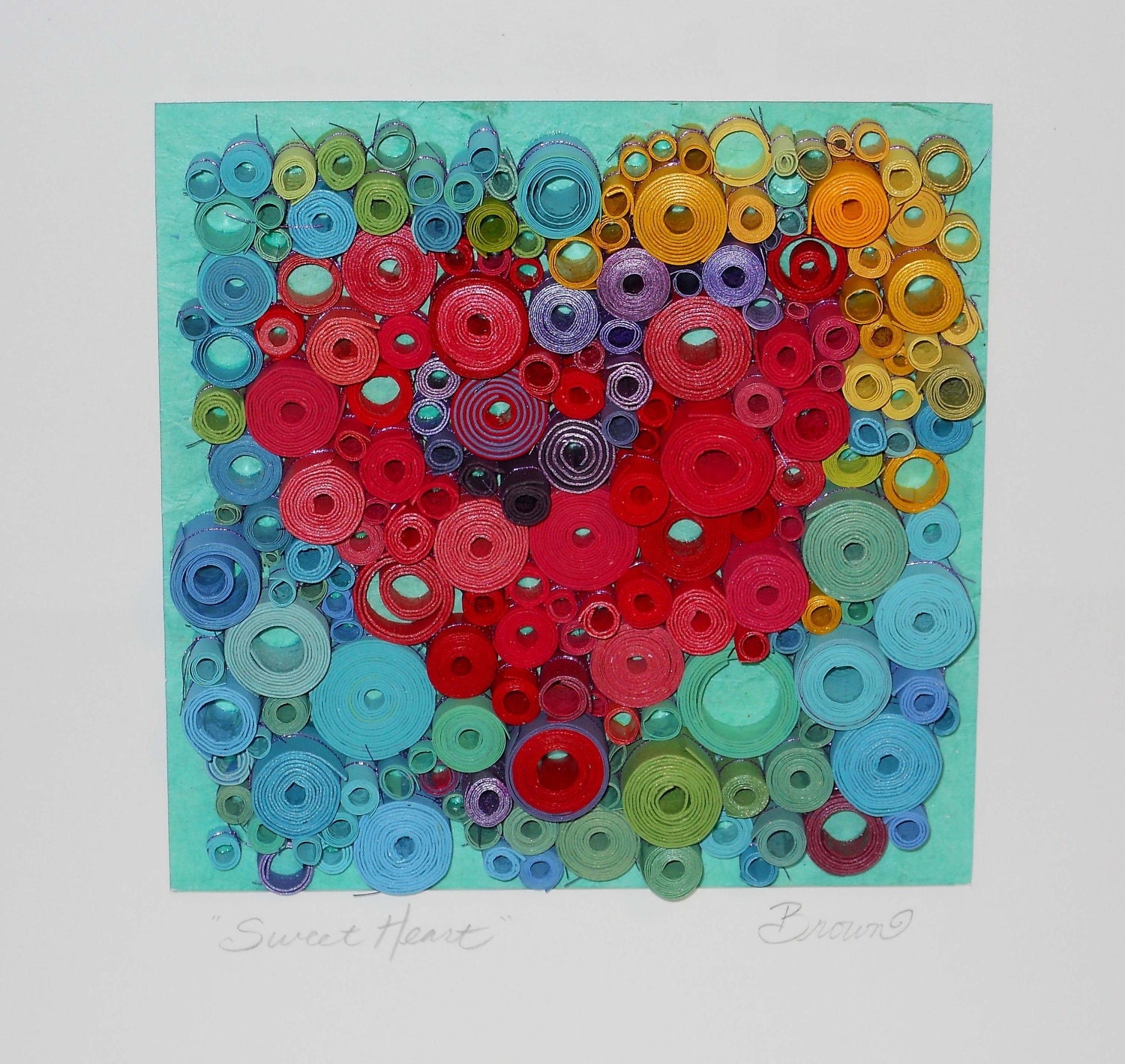 Heart, rolled paper heart, Original 3-Dimensional paper fine art, brightly colored heart