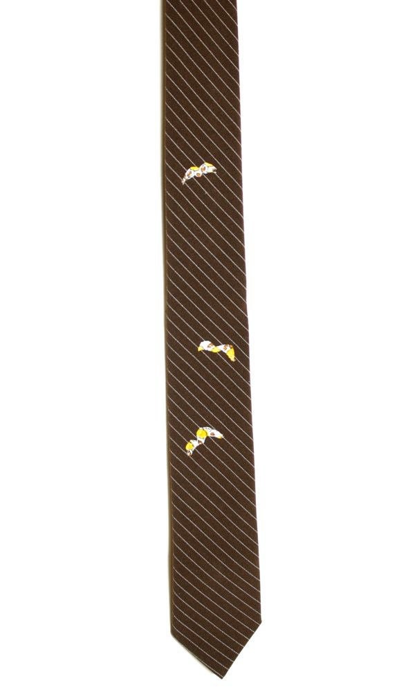 Frankie Four Handmade Skinny Brown Pinstripe Necktie with Three Flying Birds