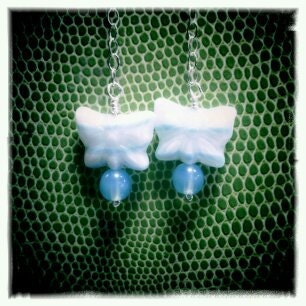 Flutterby - blue and white stripe Czech glass butterflies and silver chain dangle earrings