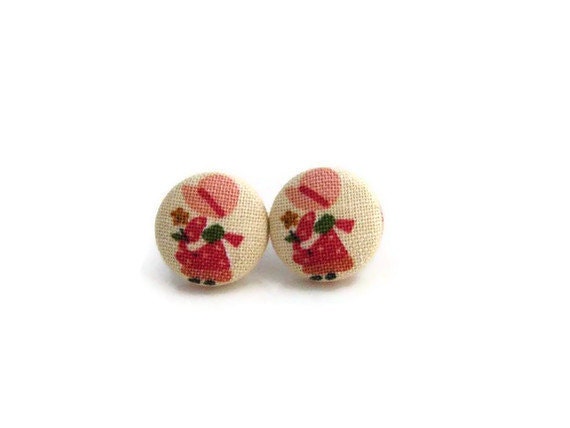 Button Earrings Fabric Button Earrings Little Girl Earrings Pink Red color