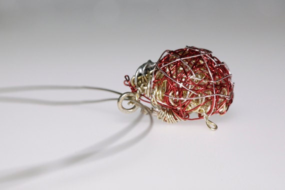 Ladybird pendant.Handmade ladybird.Wire wrapped art sculpture jewelry.Sculpture insects.Unique jewelry.Prototype jewelry.