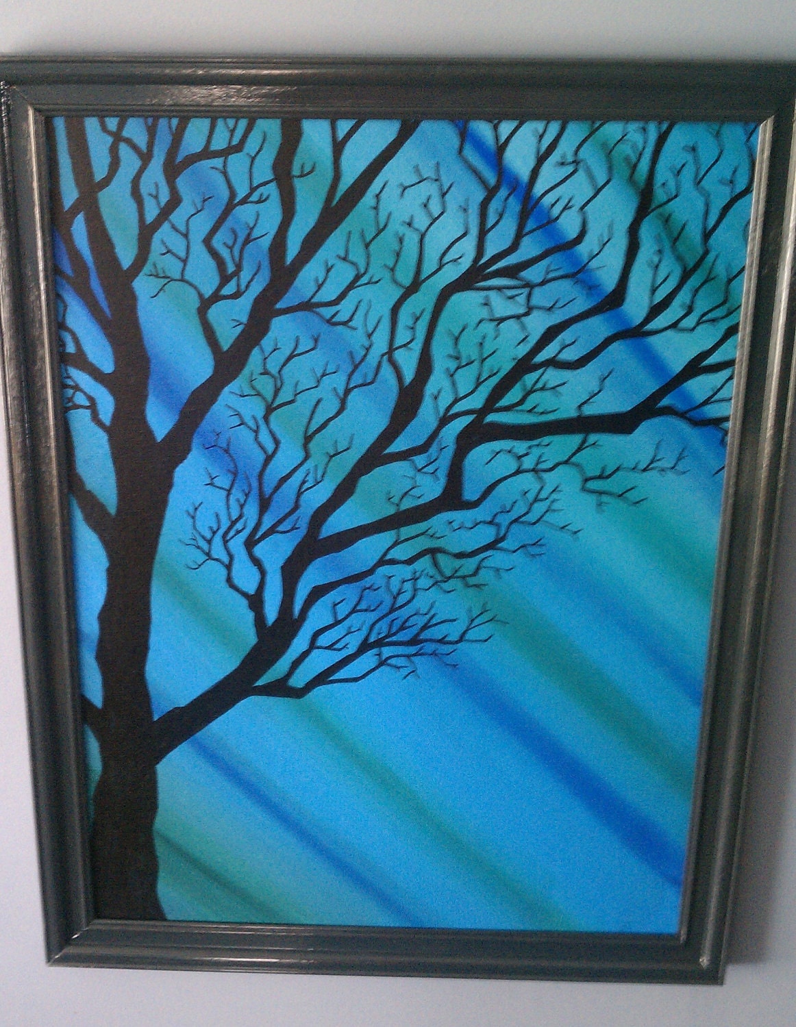 Free Shipping Original Framed Acrylic Painting Blue Skyscape with Tree Silhouette 18x24