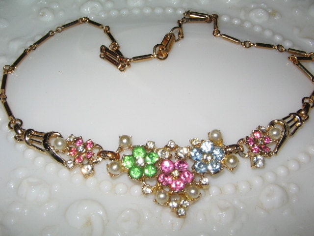 VINTAGE RHINESTONE FLOWER Necklace 1950's Retro