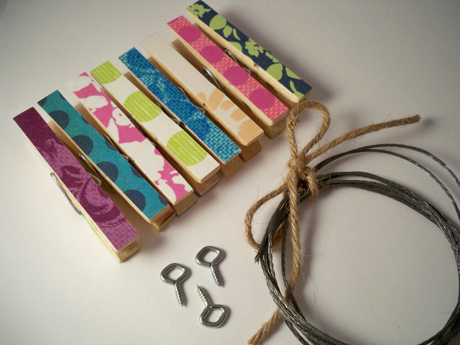 Clothesline Kit. Indoor. BRIGHTS. Hanging Picture Wire and Hooks. Hanging. Clip. Pin. Peg. Photo. Home Office. Wall Decor.