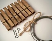 Clothesline Kit. Vintage Clothespins. Woodland. Primitive. Rustic. Pins. Clips. Picture Wall Hanging. Photo Frame. Home Office. Stained.