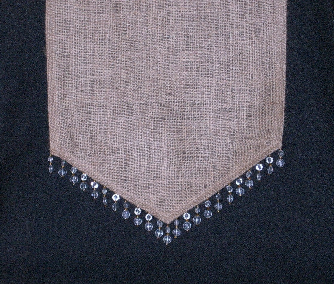 Burlap Table Runner w/Clear, Gold- Bead Trim 70 X 14 inches
