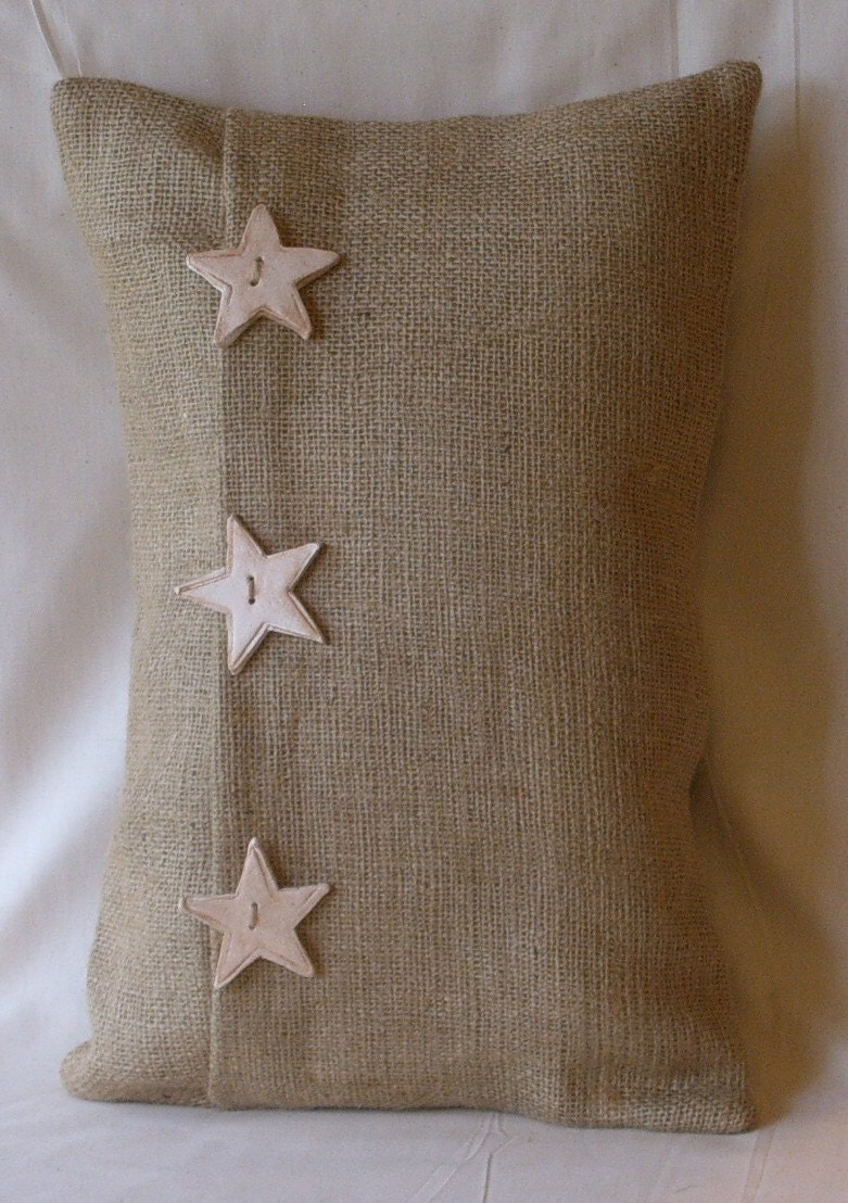 Burlap Lumbar White Stars Pillow Cover with 3 Handmade Buttons 18" X 12"