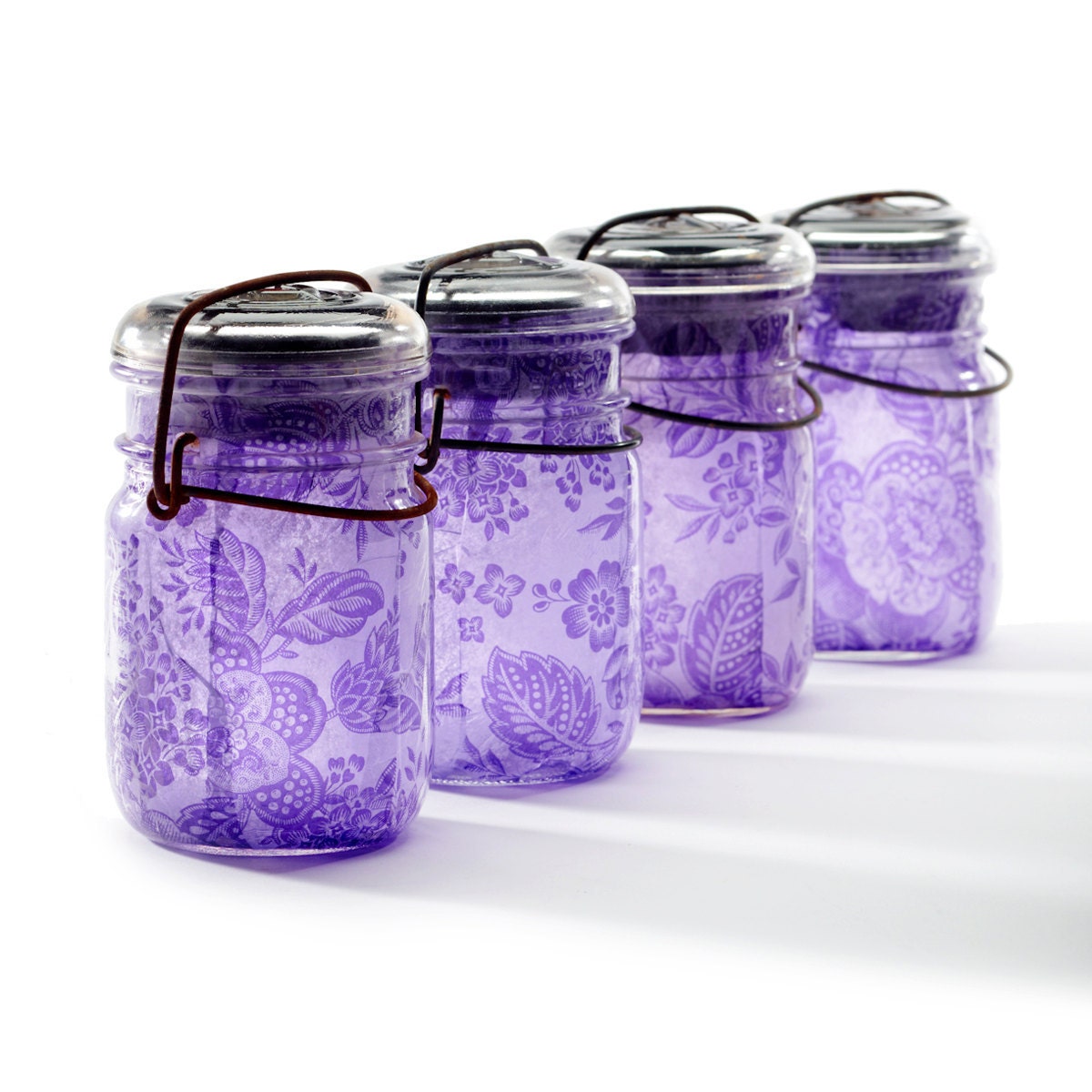 solar light mason jars vintage atlas & ball glass top  .. handmade : pint size decoupage - set of four purple lace wedding decor