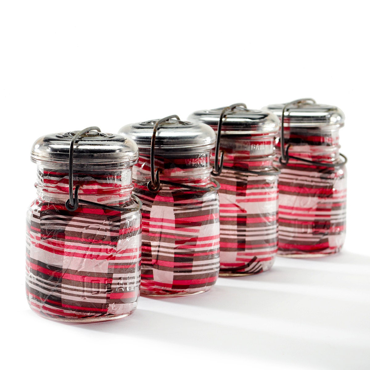 vintage atlas & ball glass top mason jars .. handmade solar lights : pint size decoupage - set of four red black white stripe - usedandabused