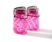 vintage atlas & ball glass top mason jars .. handmade solar lights : pint size decoupage - hot pink scroll lace set of two