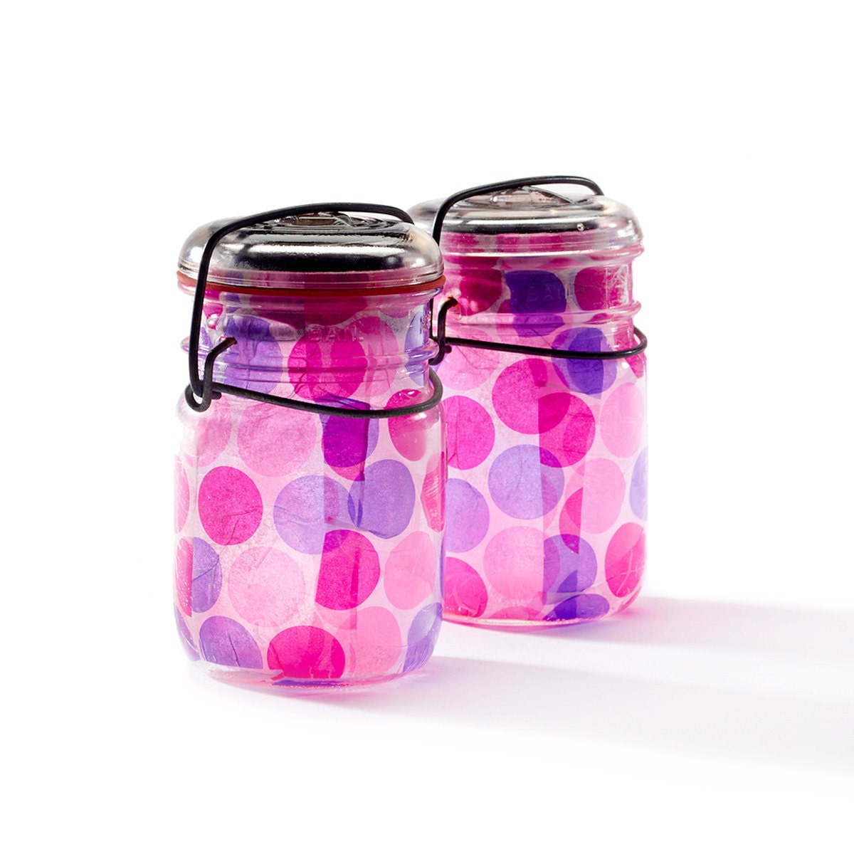 vintage atlas & ball mason jars .. handmade solar lights : pint size decoupage - gumball pink and purple bubble gum polka dots set of two