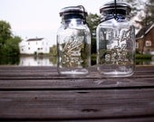 minimalist wedding decor - set of twelve handmade solar lights vintage atlas & ball glass top mason jars .. quart size clear