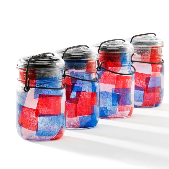 mason jars solar lights vintage atlas & ball glass top .. handmade : pint size decoupage - set of 4 red white and blue