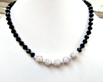 Crystal and Black Necklace Silver Jewelry Pave Swarovski Jewellery 925 Elegant Unique Glam Glittery Prom Black Tie N-114