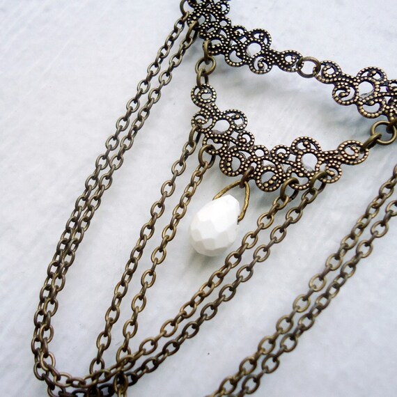 Turquoise Necklace Brass Necklace Criss Cross Chain Jewelry White Gemstone Jewellery Pendant Unique Renaissance Victorian Scroll Loop N-60