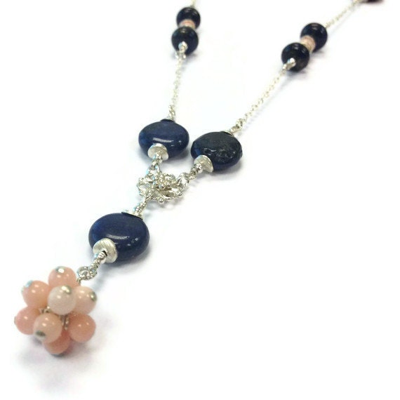 Navy Blue Lapis Necklace Sterling Silver Jewelry Coral Lapis Lazuli Natural Gemstone Jewellery Navy Salmon Peach Chain Beaded Pendant N-230