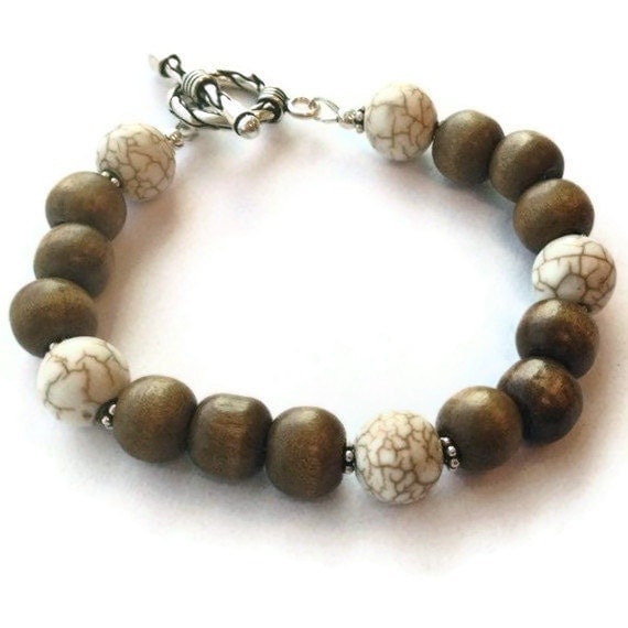 Brown Wood Bracelet White Turquoise Bracelet Jewelry Silver Jewellery Natural Gemstone Earth Tones Layer Stack Minimal Everyday B-218