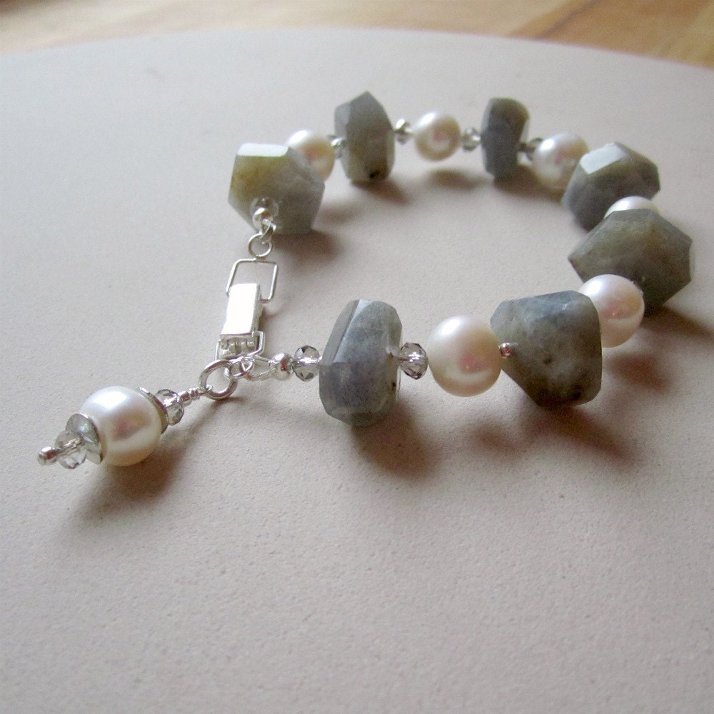 Labradorite Pearl Bracelet Sterling Silver Jewelry Natural Gemstone Jewellery Gray Grey June Birthstone Chunky Crystal Charm B-67